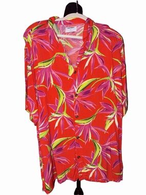 🆕💜 Old Navy Tropical Floral Rayon Button Down Shirt Red Pink Green XXXL